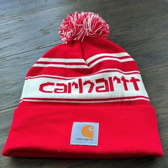 Carhartt Knit Cuffed pom-pom beanie, logo, red/white stripe & pom pom OSFM - Picture 1 of 8